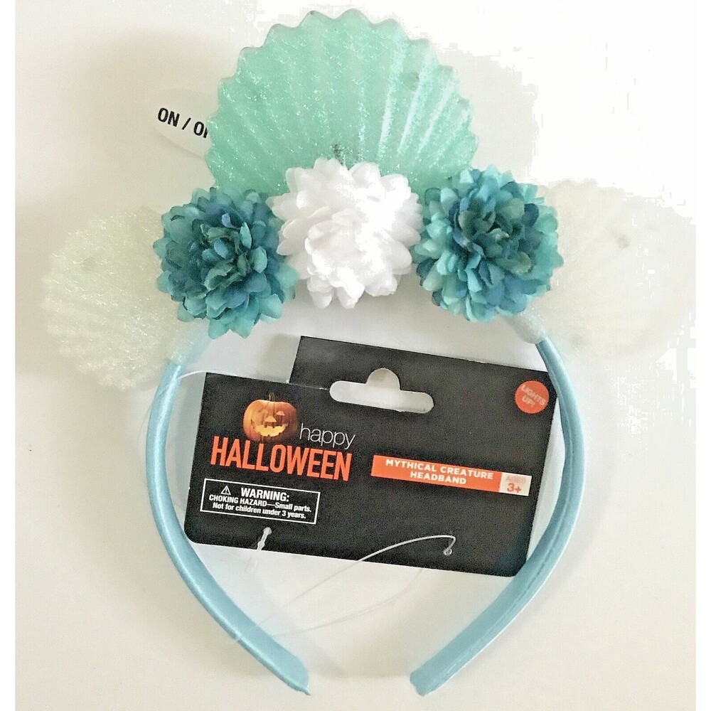Halloween Mermaid Headband Blue White Shells Flowers Kids Lights Up Mythical NWT